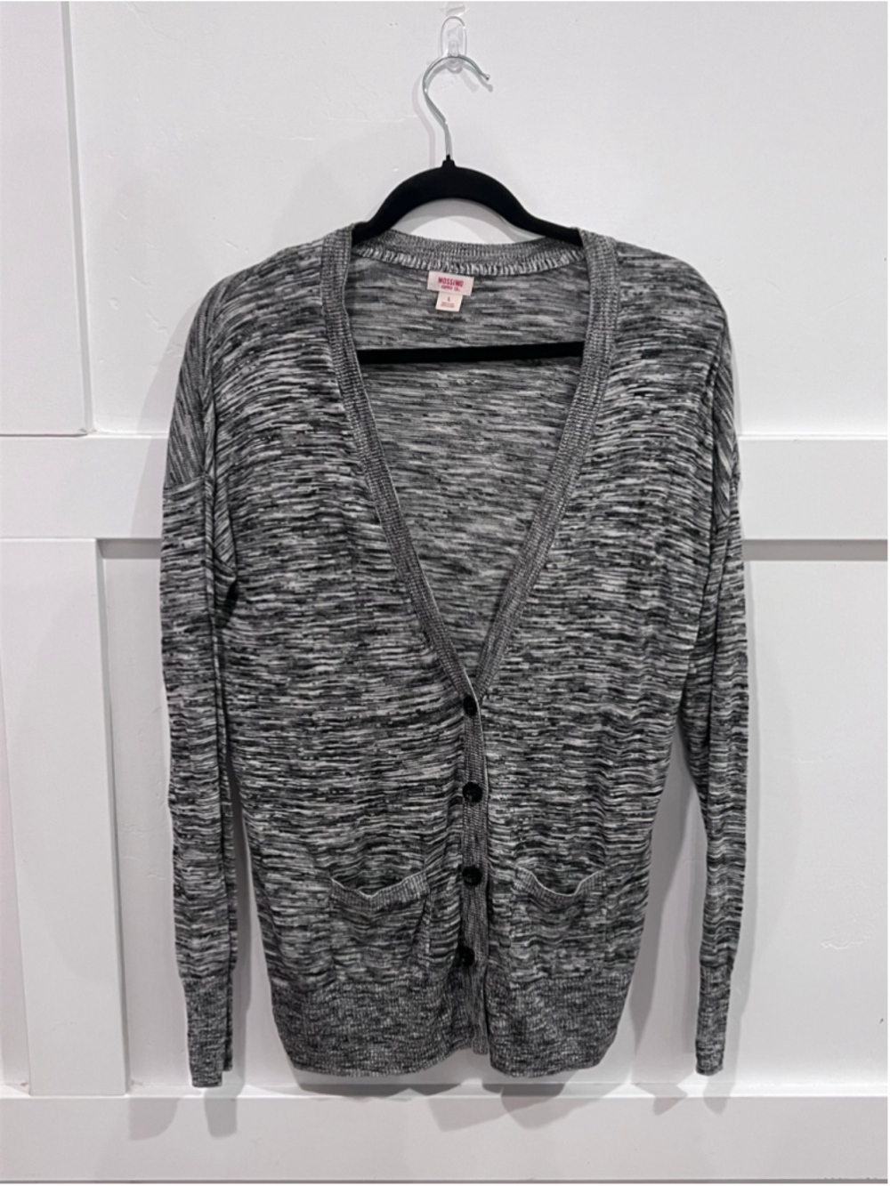 Women's Mossimo Cardigan Sweater Size L Grey Black Marled Knit